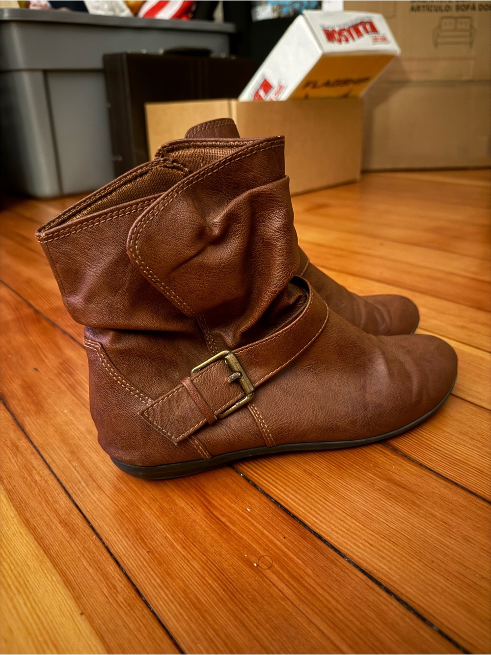LOWER EAST SIDE Brown Slouch Ankle Boots with Buckle Strap